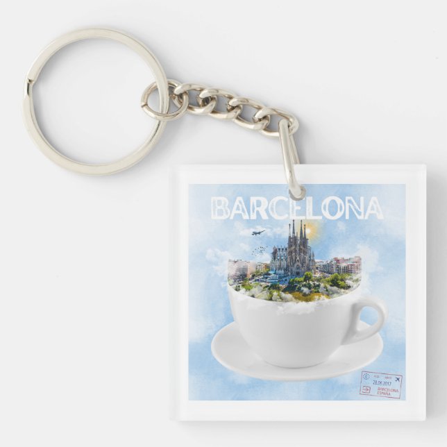 Barcelona in a Teacup – Sagrada Familia Skyline Keychain (Front)