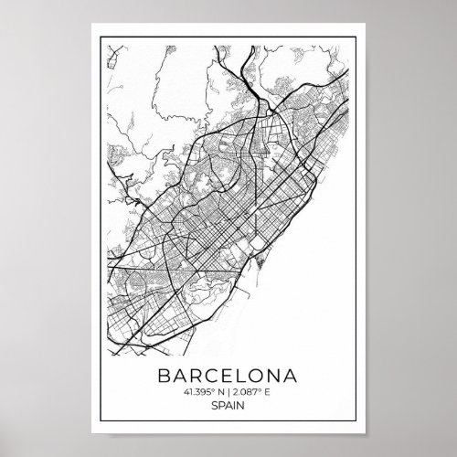 BARCELONA Map _  Black And White Map  Poster