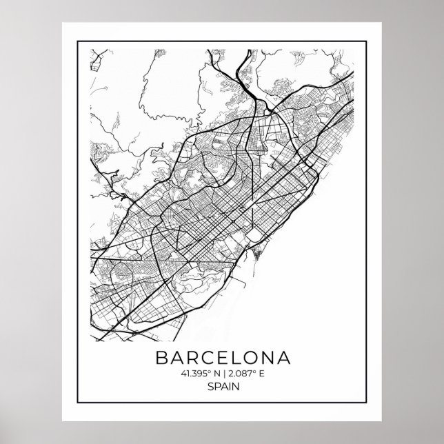 BARCELONA Map - Black & White Map Poster (Front)