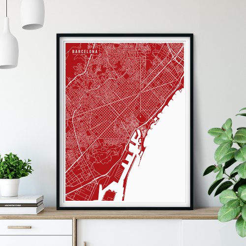 Barcelona Map Red Modern Street Map Poster