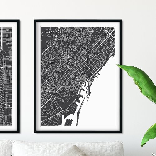 Barcelona Map Simple Charcoal Gray Line Map Poster