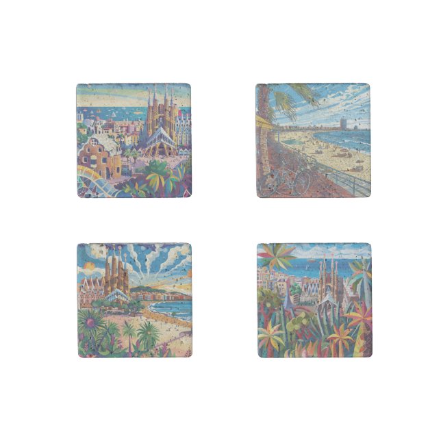 Barcelona, Park Guell, Sagrada Familia, Souvenir Stone Magnet (Front)