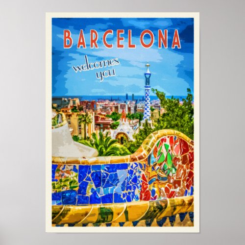 Barcelona Park Guell Vintage Travel Photographic Poster