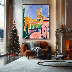 Barcelona Sagrada Familia and Skyline in Fauvist Poster