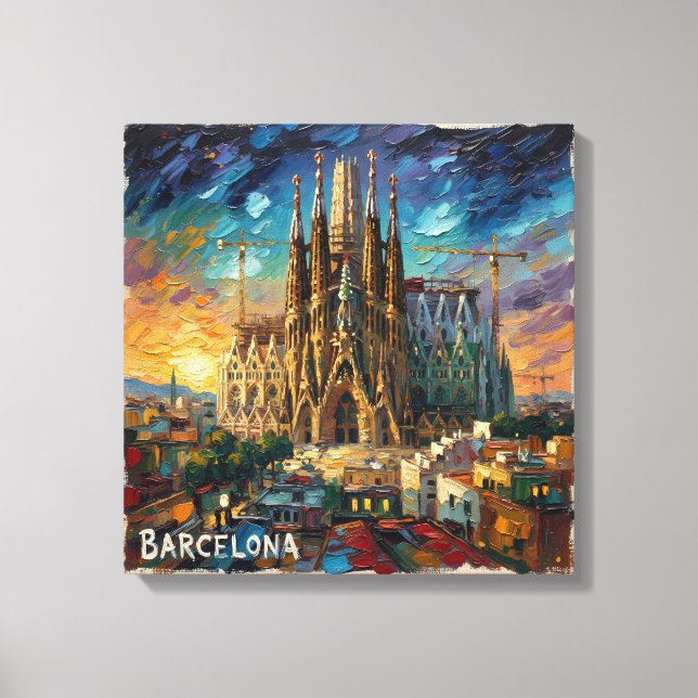 Barcelona Sagrada Sunset Cityscape Canvas Print (Front)