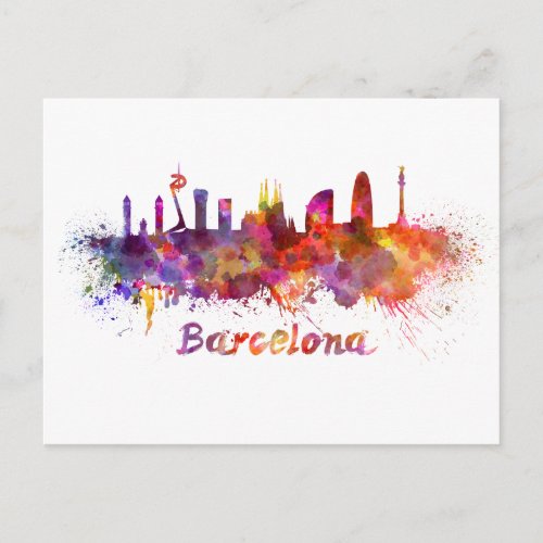 Barcelona skyline in watercolor postcard