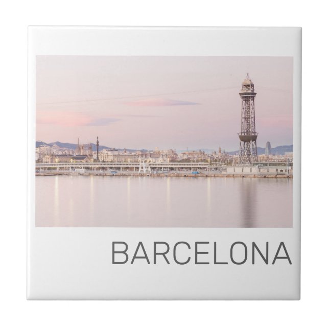 Barcelona Skyline Sunset Catalanonia Spain Ceramic Tile (Front)