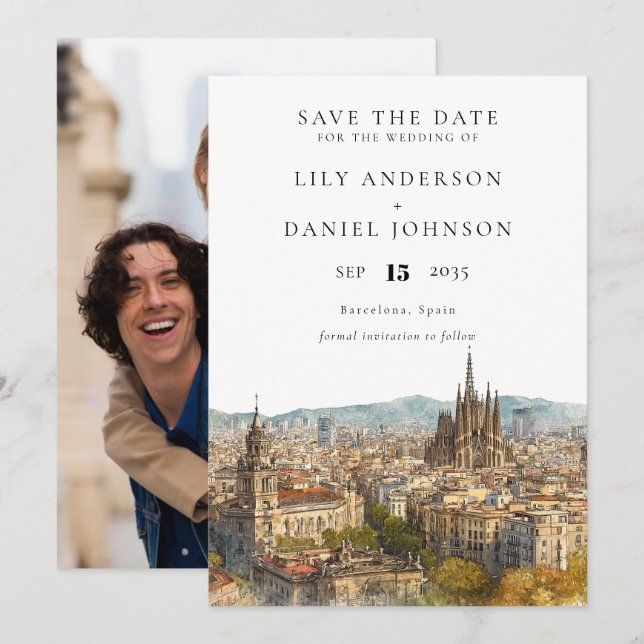 Barcelona Skyline Watercolor Photo Wedding Save The Date (Front/Back)