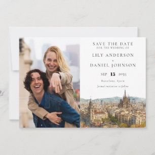 Barcelona Skyline Watercolor Photo Wedding Save The Date