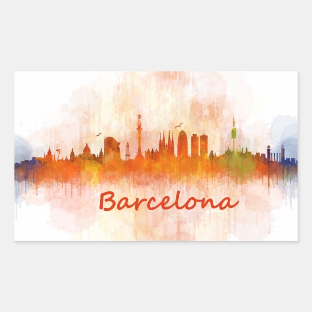 Barcelona Skyline watercolor v04 Rectangular Sticker (Front)