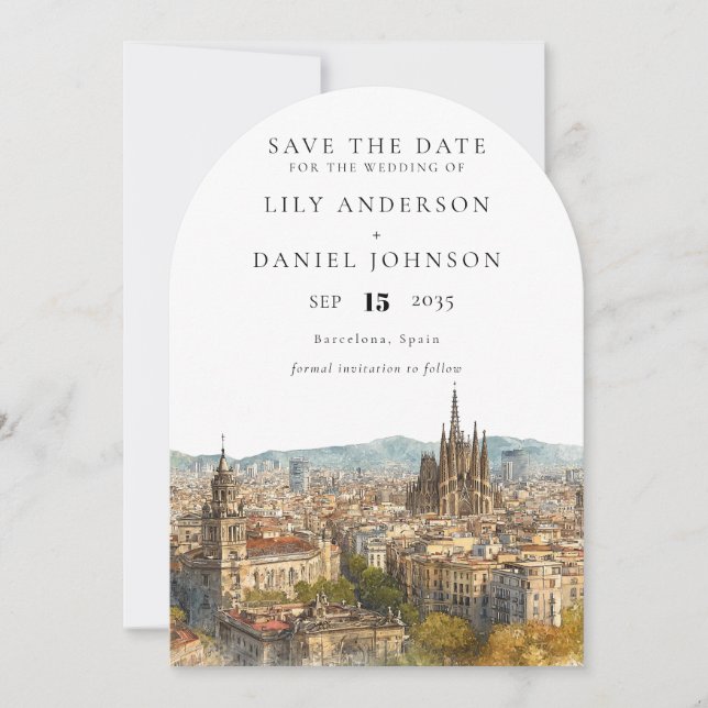 Barcelona Skyline Watercolor Wedding Arch Save The Date (Front)