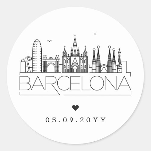 Barcelona Skyline  Wedding Date Classic Round Sticker