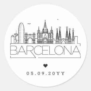 Barcelona Skyline Wedding Date Classic Round Sticker