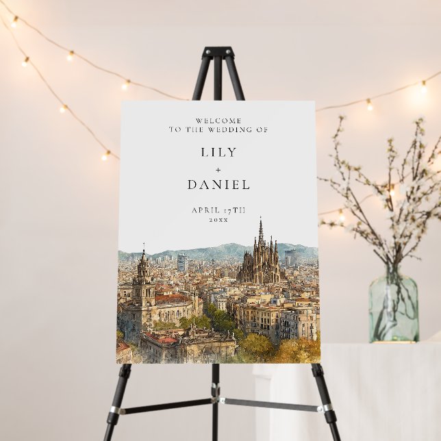 Barcelona Skyline Wedding Welcome Sign (In Situ (Stand))