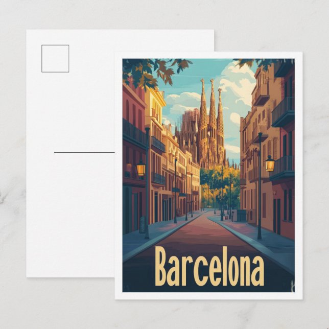 Barcelona Spain Art Vintage Travel Illustration Postcard (Front/Back)