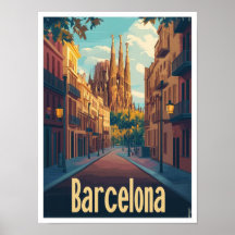 Barcelona Spain Art Vintage Travel Illustration