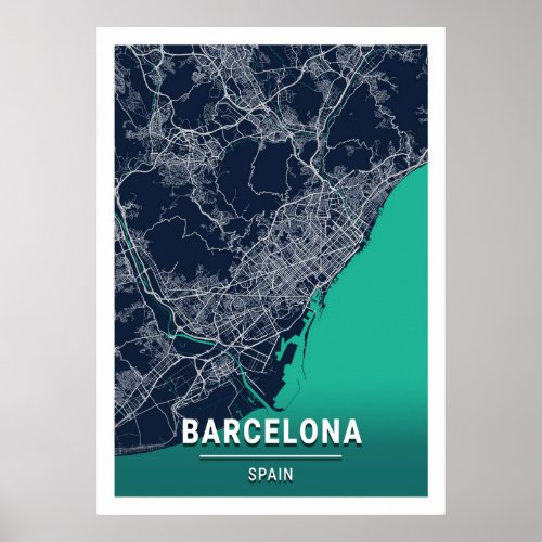 Barcelona _ Spain Blue Dark City Map Poster