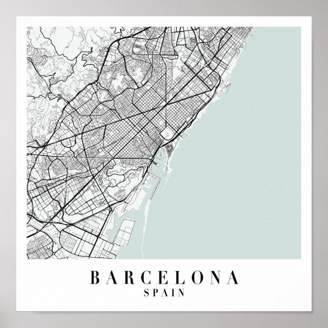 Barcelona Spain Blue Water Street Map Poster (Front)
