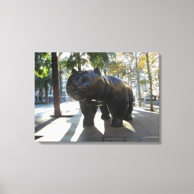 Barcelona Spain Cat Statue on las Ramblas Canvas Print (Front)