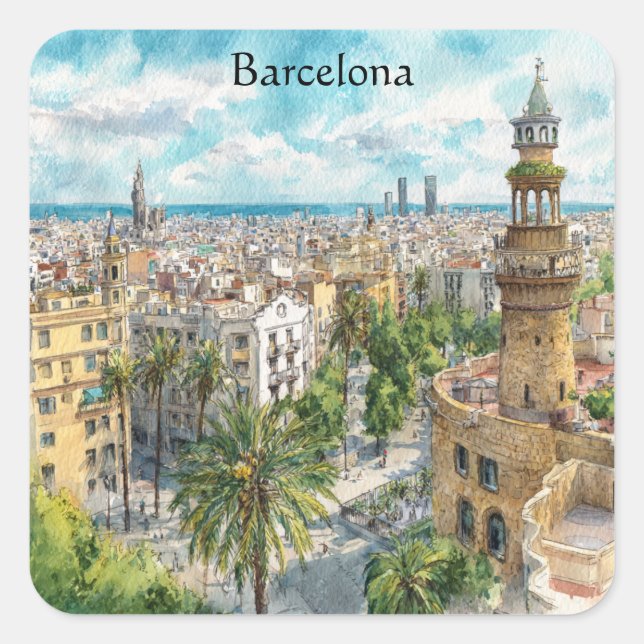 Barcelona Spain Catalonia City VIew Oil Paint Square Sticker (Front)
