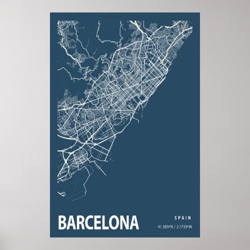 Barcelona Spain City Map Line Art Blue Print