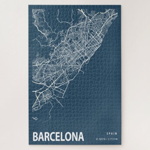 Barcelona Spain City Map Line Art Blue Print Jigsaw Puzzle