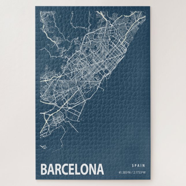 Barcelona Spain City Map Line Art Blue Print Jigsaw Puzzle (Vertical)