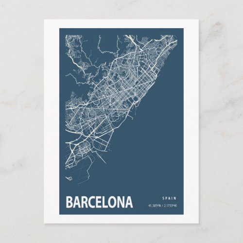 Barcelona Spain City Map Line Art Blue Print Postcard