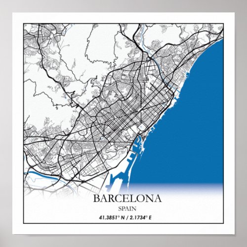 Barcelona Spain City Map Travel Simple Minimal Poster