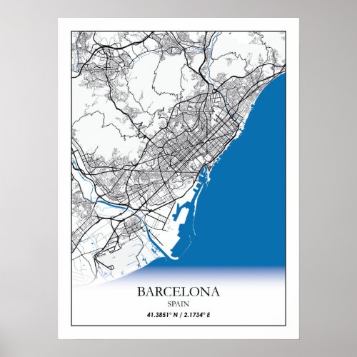 Barcelona Spain City Map Travel Simple Minimal Poster