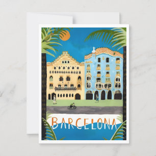 Barcelona Spain Colorful Cityscape Retro Inspired Postcard