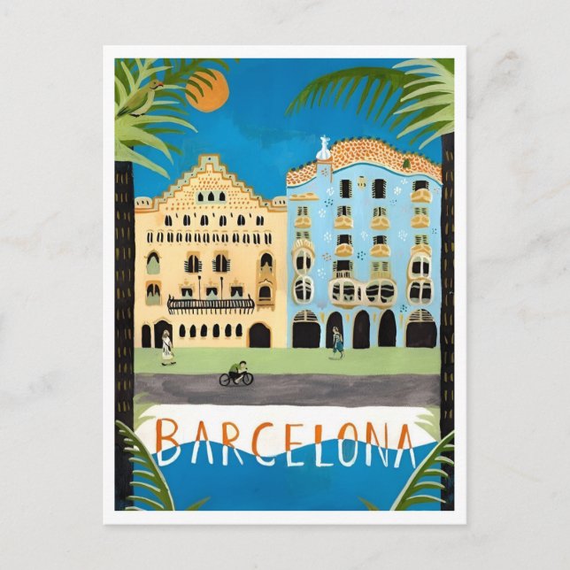 Barcelona Spain Colorful Cityscape Retro Inspired Postcard (Front)