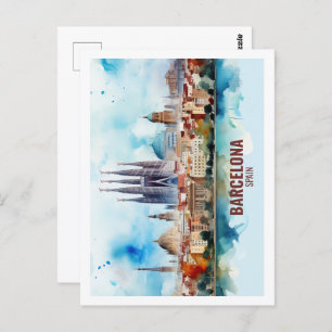 Barcelona Spain Famous Travel Place Watercolor Postcard