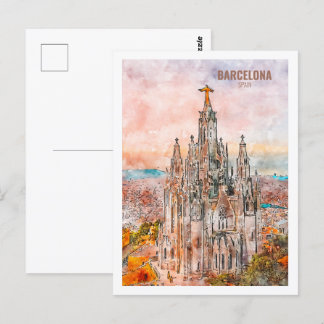 Barcelona Spain Famous Travel Watercolor Sketch Postcard