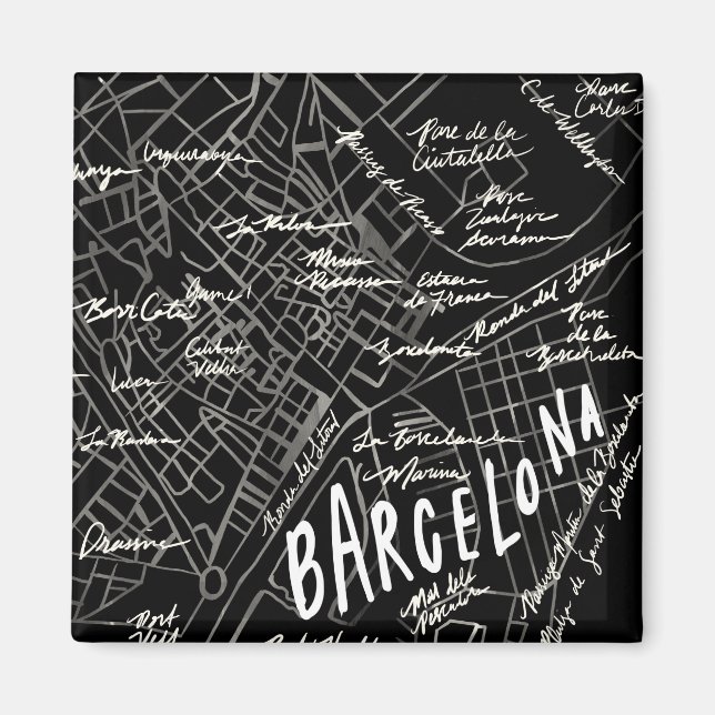 Barcelona Spain Map Magnet - Black Vintage Style (Front)