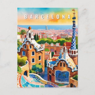 Barcelona Spain Park Guel Retro Travel Postcard