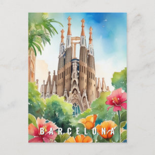 Barcelona Spain Sagrada Familia Retro Travel Postcard