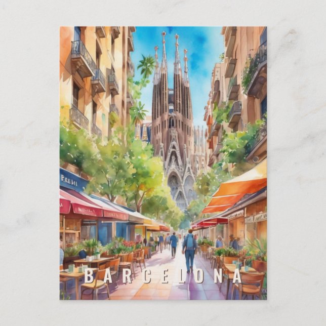 Barcelona Spain Sagrada Familia Retro Travel Postcard (Front)