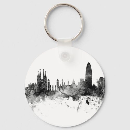 Barcelona Spain Skyline Black White Keychain