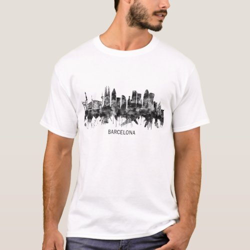 Barcelona Spain Skyline BW T_Shirt