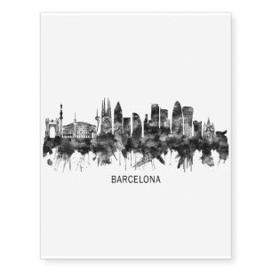 Barcelona Spain Skyline BW Temporary Tattoos