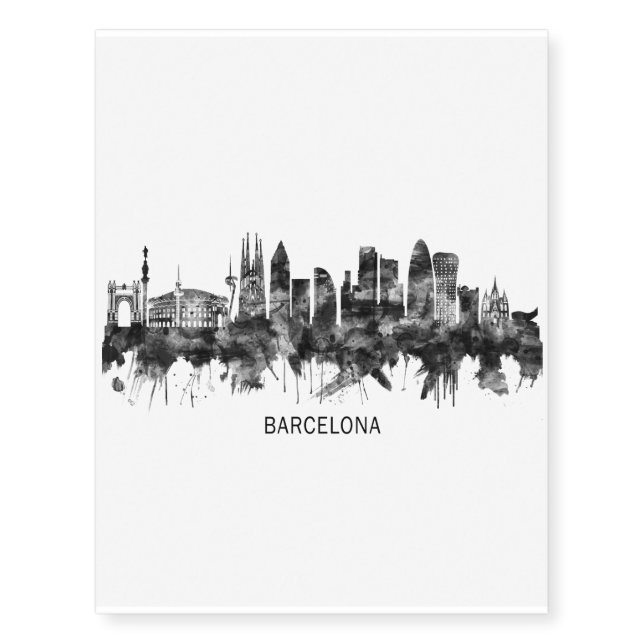 Barcelona Spain Skyline BW Temporary Tattoos (Front)