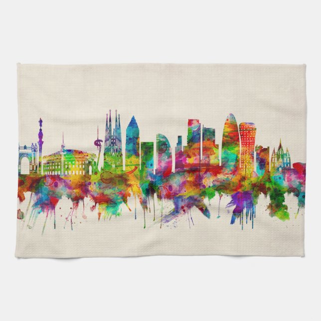 Barcelona Spain Skyline Kitchen Towel (Horizontal)