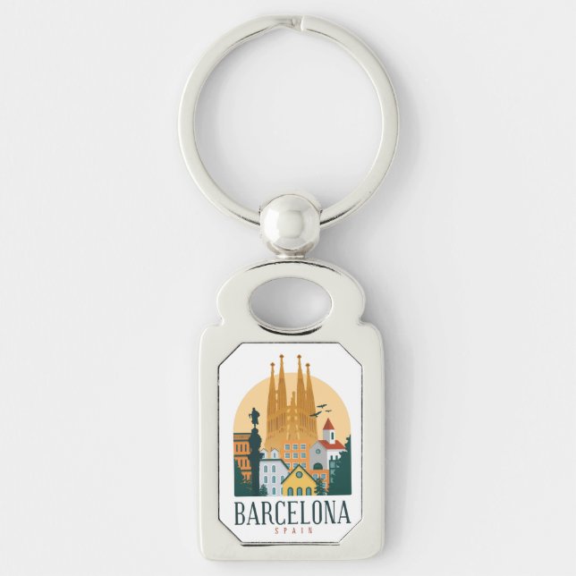 Barcelona Spain Skyline Metal Keychain (Front)