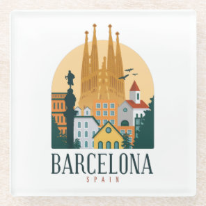 Barcelona Spain Skyline Vintage Glass Coaster