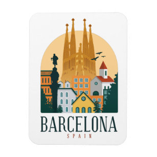 Barcelona Spain Skyline Vintage Photo Magnet