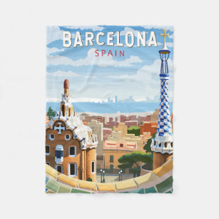 Barcelona Spain Travel Art Vintage Fleece Blanket