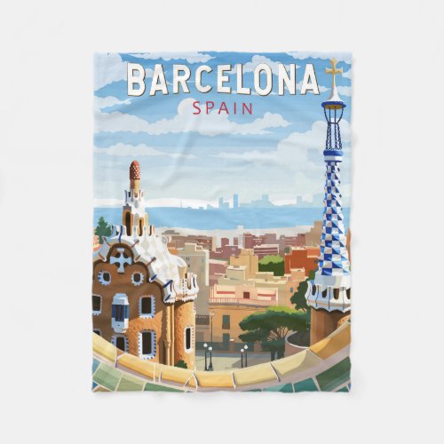 Barcelona Spain Travel Art Vintage Fleece Blanket