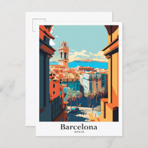 Barcelona Spain Travel Art Vintage Illustration Postcard