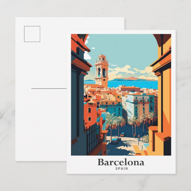 Barcelona Spain Travel Art Vintage Illustration Postcard (Front/Back)